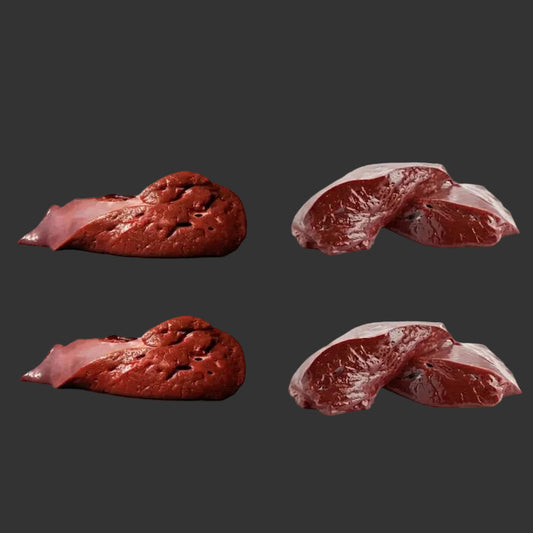 Two images of raw liver on a white background