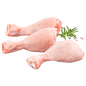 Three raw chicken drumsticks with a sprig of rosemary on a white background