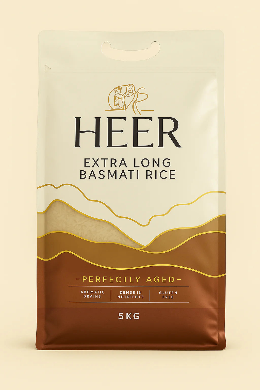 HEER Extra Long Basmati Rice packaging on a beige background