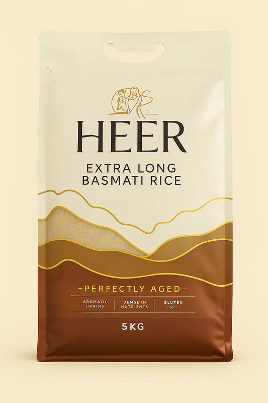 HEER Extra Long Basmati Rice packaging on a beige background