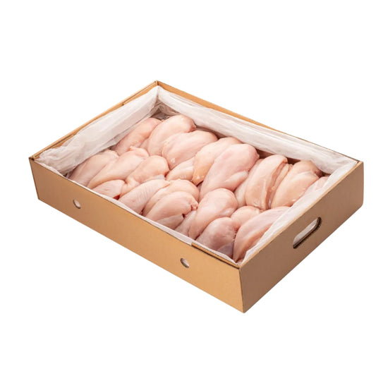 Box of raw chicken breasts on a white background