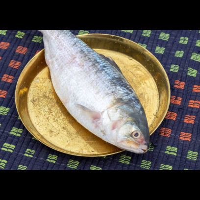 Fish on a gold plate with a patterned fabric background
