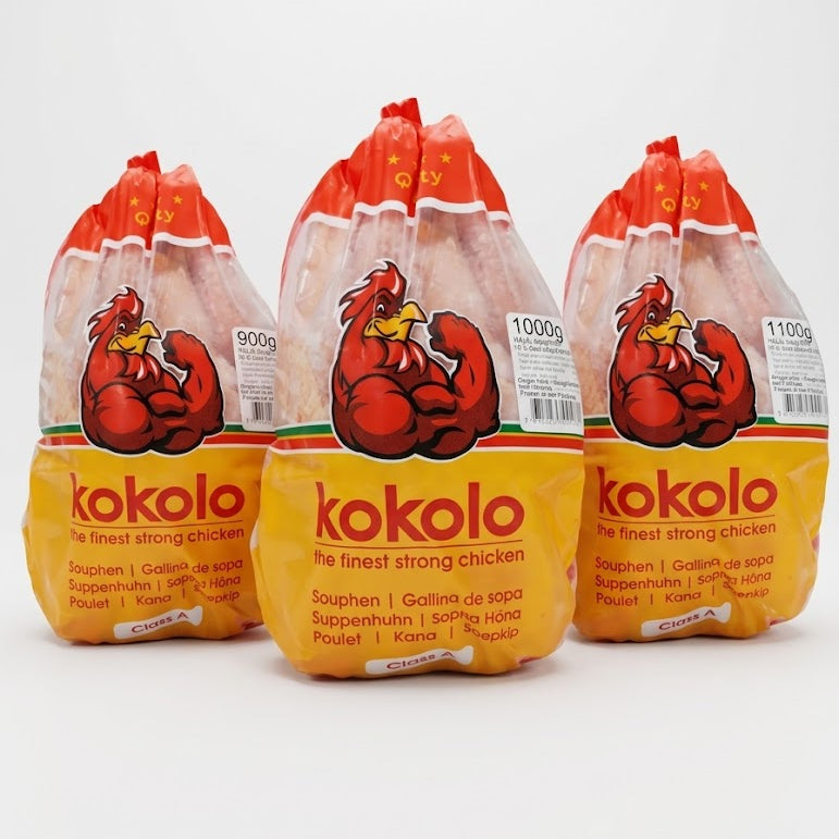 Three packages of kokolo chickens on a white background