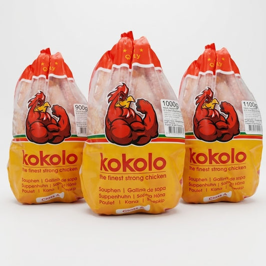 Three packages of kokolo chickens on a white background